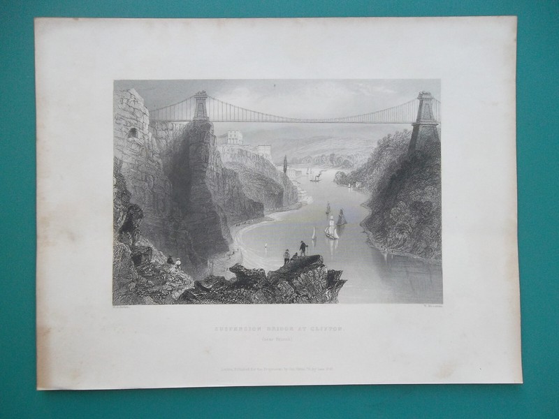ENGLAND Clifton Suspension Bridge near Bristol – 1842 Antique Print by Bartlett