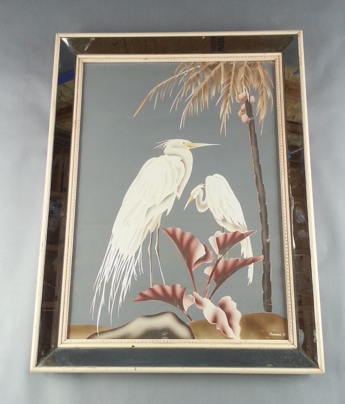 Vintage Mid Century Modern Egret Crane Lithograph Picture Print Turner Mirror