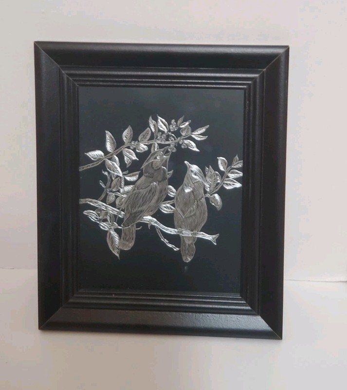 Black Silver Bird Art Print Framed Wall Decor Frame, Birds On A Branch 11" X 13"