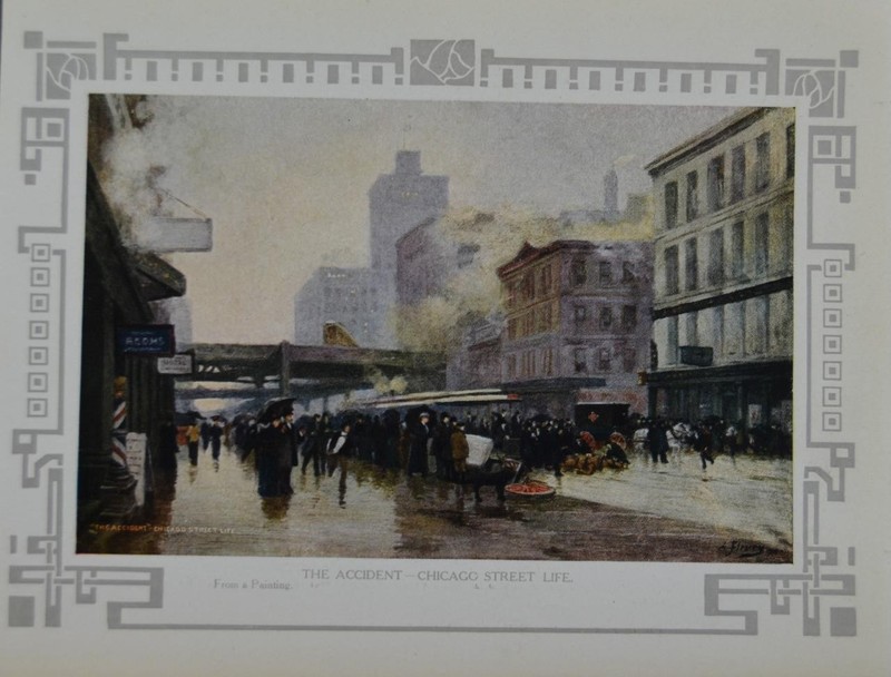 Antique Chicago Illinois Color Art Print Chicago Street Life and Hog Wheel 1908