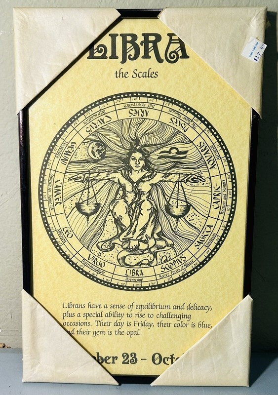 Vintage 1970s Libra The Scales Zodiac Astrology Bronze Framed Wall Art 16” x 10”