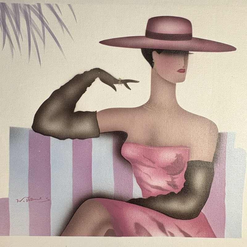 W James Fashion Art Print Woman in Pink Dress & Hat 19×16 Canvas Retro Glam