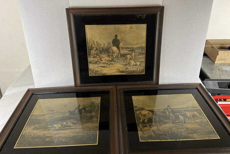 LOT OF 3 ORIGINAL JOHN HARRIS (1791-1873) RABBIT HUNTING HOUND COLORED ENGRAVING