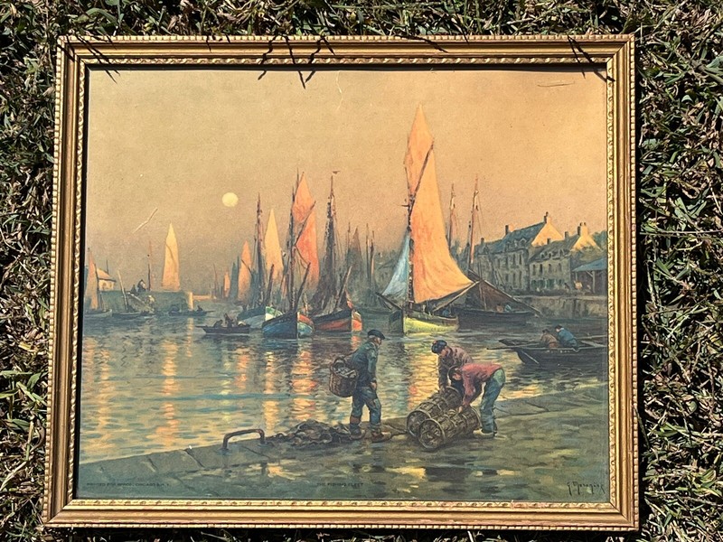 Vintage The Fishing Fleet Print Fisherman Boating Village