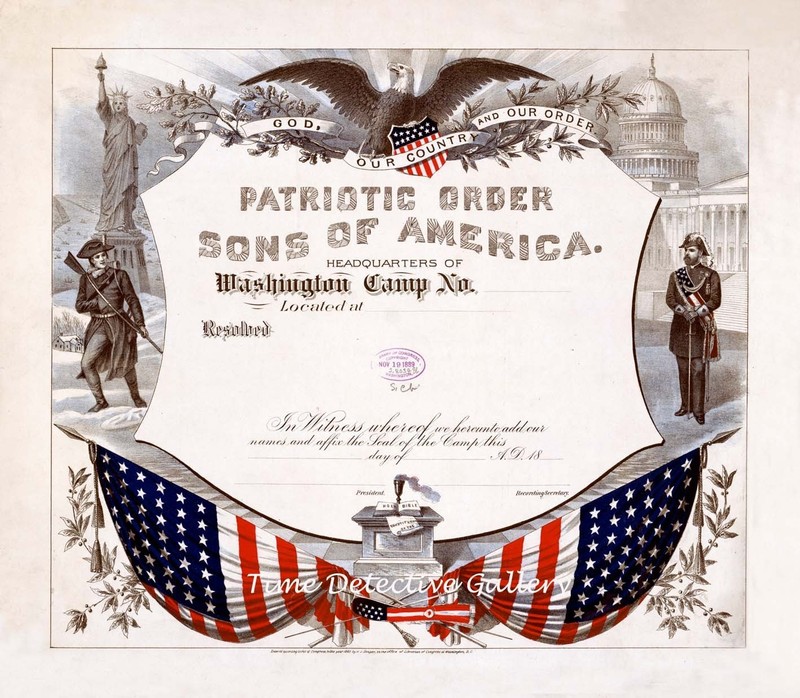 Membership Certificate for Patriotic Order of the Sons of America - Reprint