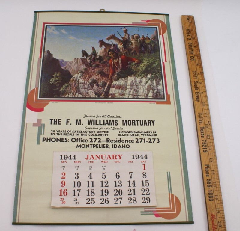 1944 HERBERT HERGET AWAITING THE ATTACK INDIAN PRINT IDAHO CALENDAR ORIGINAL