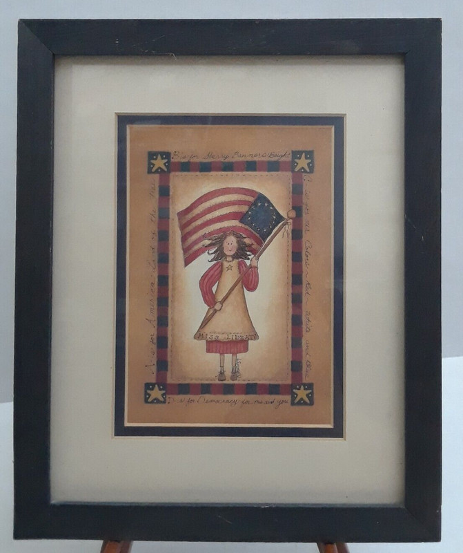 Vintage 2002 Patriotic Lady Holding Flag Framed and Matted Print 9 x 11 in