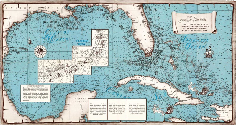Sunken Treasure Map – Florida, Bahamas, Gulf of Mexico. 1 Map + 1 Index Poster