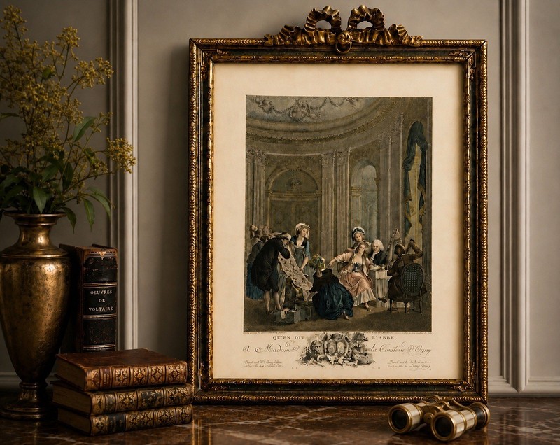 1788 de Launay Antique French Engraving Qu’en dit l’Abbé? Louis XVI Carved Frame