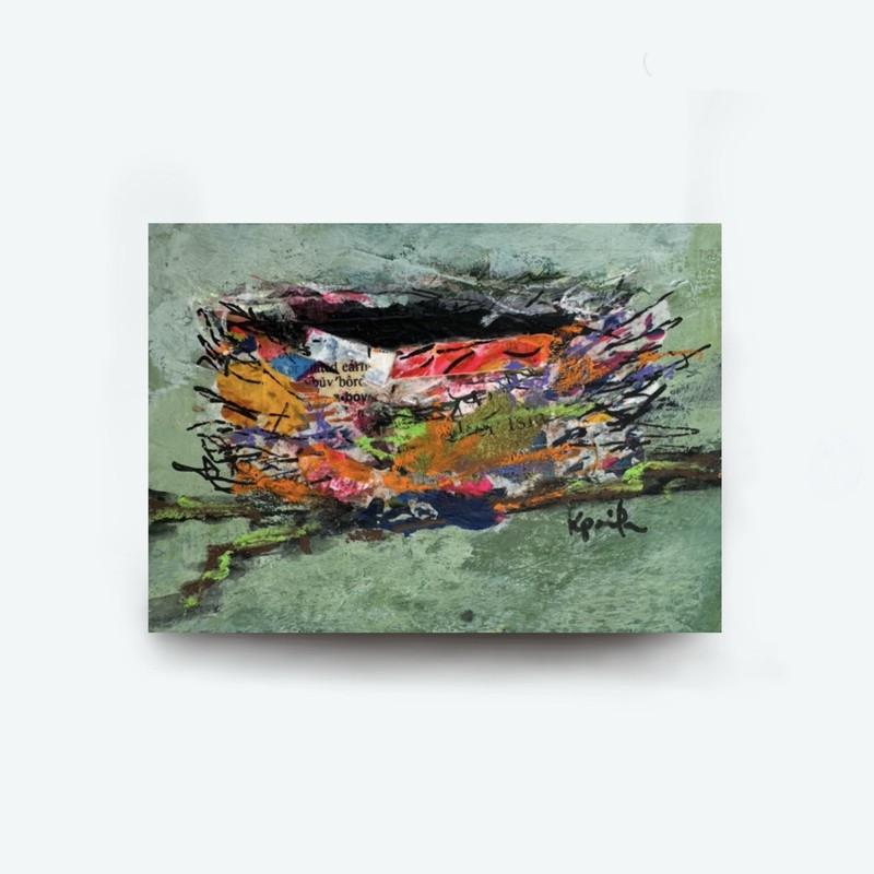 Original ACEO Painting Mixed Media Collage Bird Nest Collectible Miniature Art