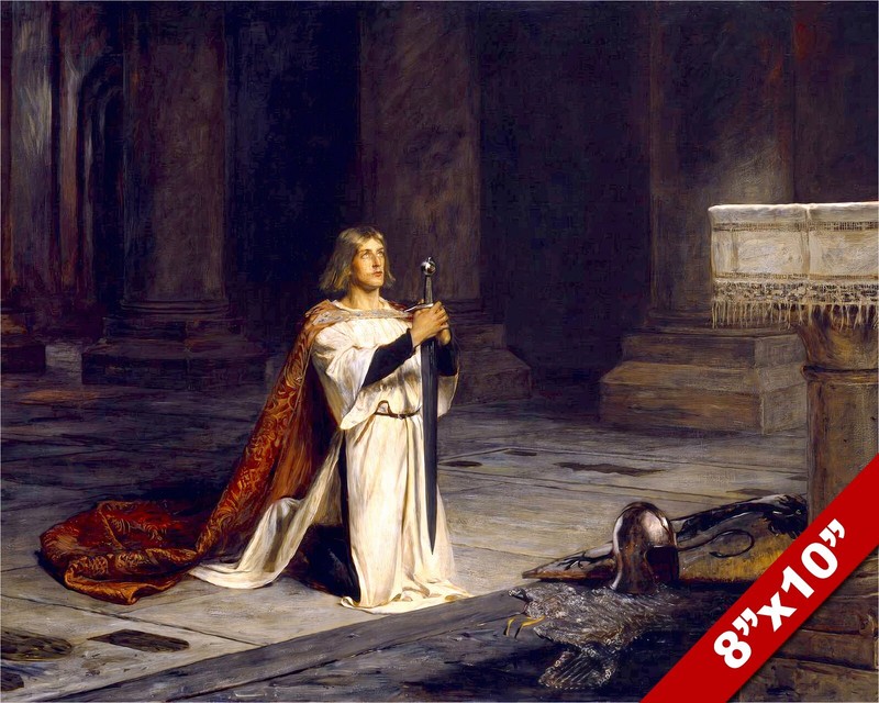 MEDIEVAL KNIGHT VIGIL OATH BEFORE ALTAR OF GOD PAINTING REAL CANVAS ART PRINT