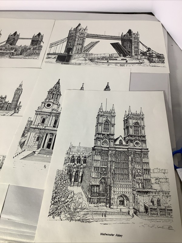 Vtg 1970s Set Of 6 Bernard Smith London Landmark Prints; B & W; 8 5/8” x 12 3/8”