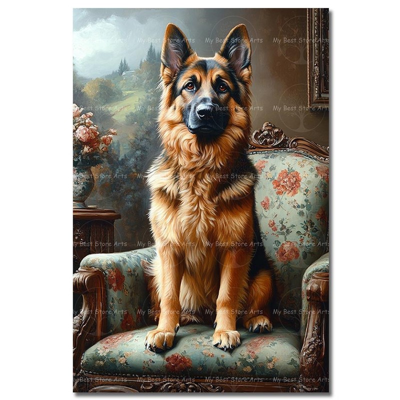 German Shepherd Art Print, Elegant Dog Poster, Animal Pet Chair Wall Decor