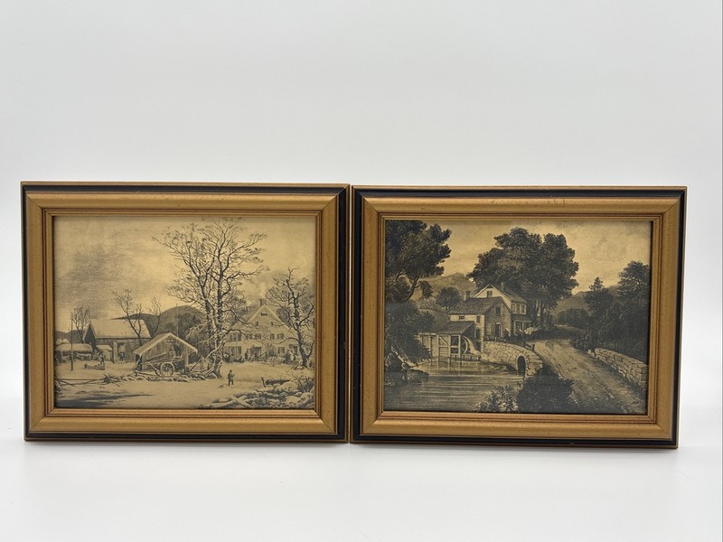Vintage 1970s Currier & Ives Gold Foil Prints Framed Set of 2