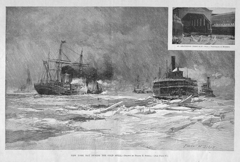 NEW YORK BAY DURING THE COLD SPELL FERRY SLIP TUGBOATS ICE BREAKER SHIPS HISTORY