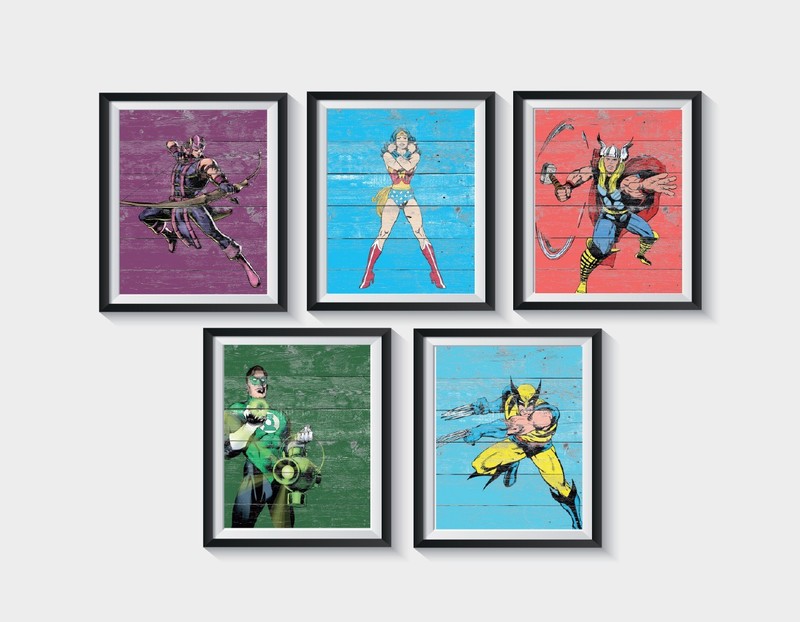Retro Superheroes Art Print Set of 5 8×10″ Vintage Wonder Woman Thor Wolverine