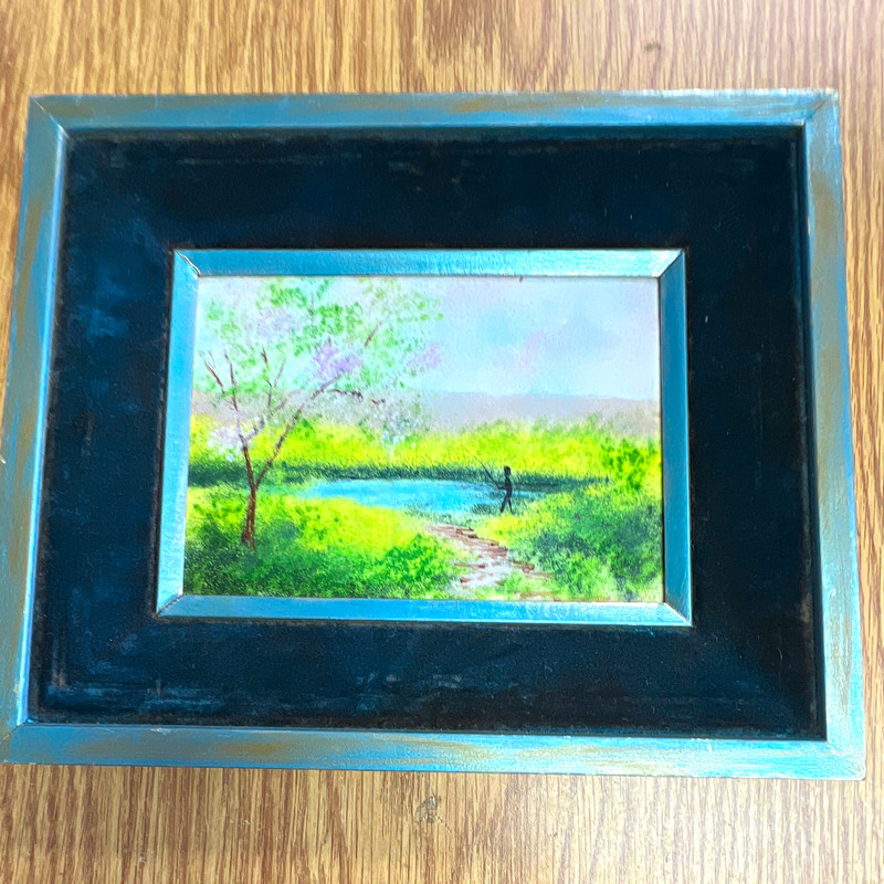 Framed Landscape River Scene Print w/ Trees & Figure 8×12 Small Single Piece