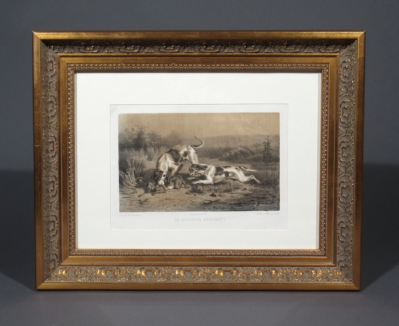 Antique French Print, Hunting Scene, Dogs and Hare, by Jules Gélibert, 1868
