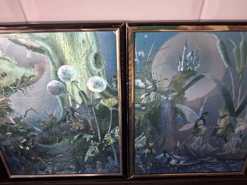 Pair Vintage Duflex Foil Art Framed Pictures Fairies In The Forest-26cm x 20cm