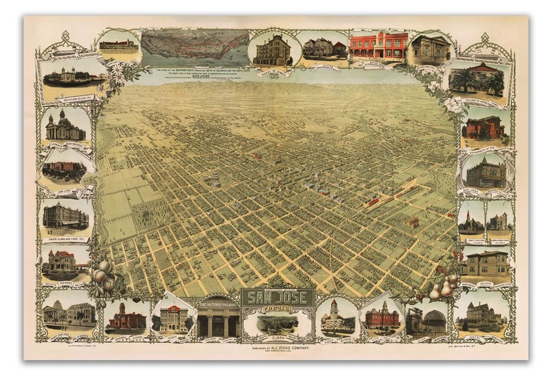 San Jose California Map Poster Reprint– 1901 Birds-Eye View & Historic Landmarks
