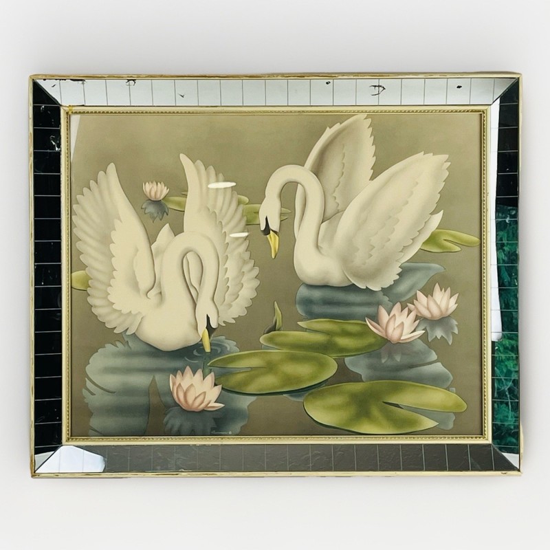 MCM Turner White Swans Print ‘Pink Lilies’ Orig Mirrored Frame Hollywood Regency