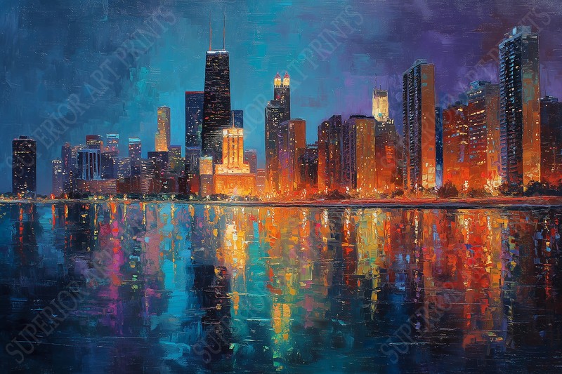 Chicago Skyline at Night City Lights Reflection Wall Art Painting Print Poster
