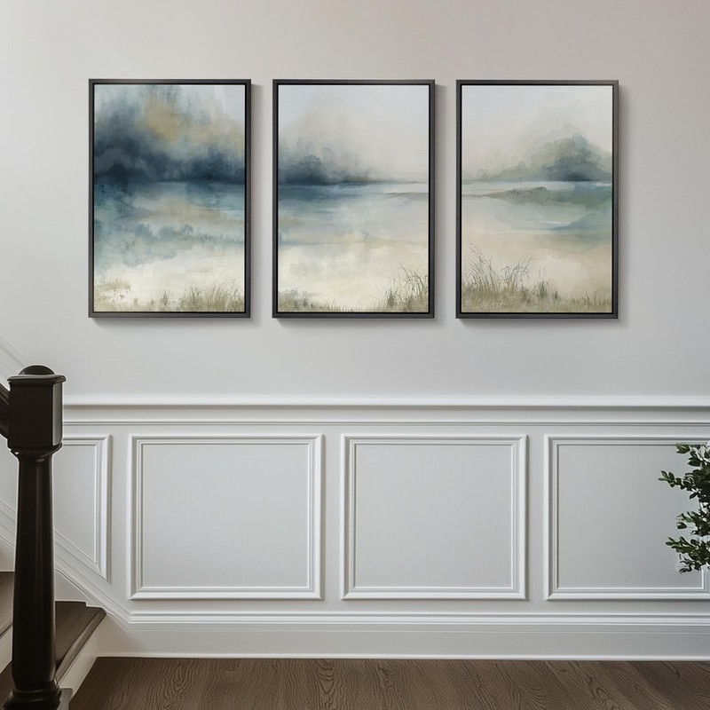 Framed Abstract Landscape Wall Art, 3 Piece Blue Watercolor Canvas Prints Pai... gallery