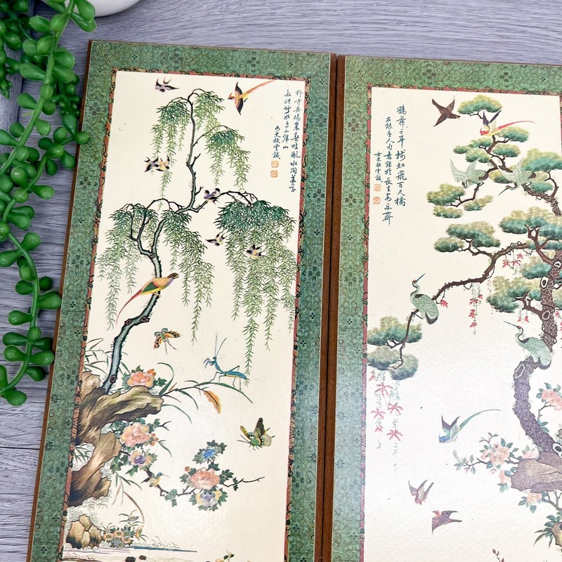 4 Large Mid Century Wood Panels Asian Birds Prints Evangeline Paint 1963 15 x 5" gallery