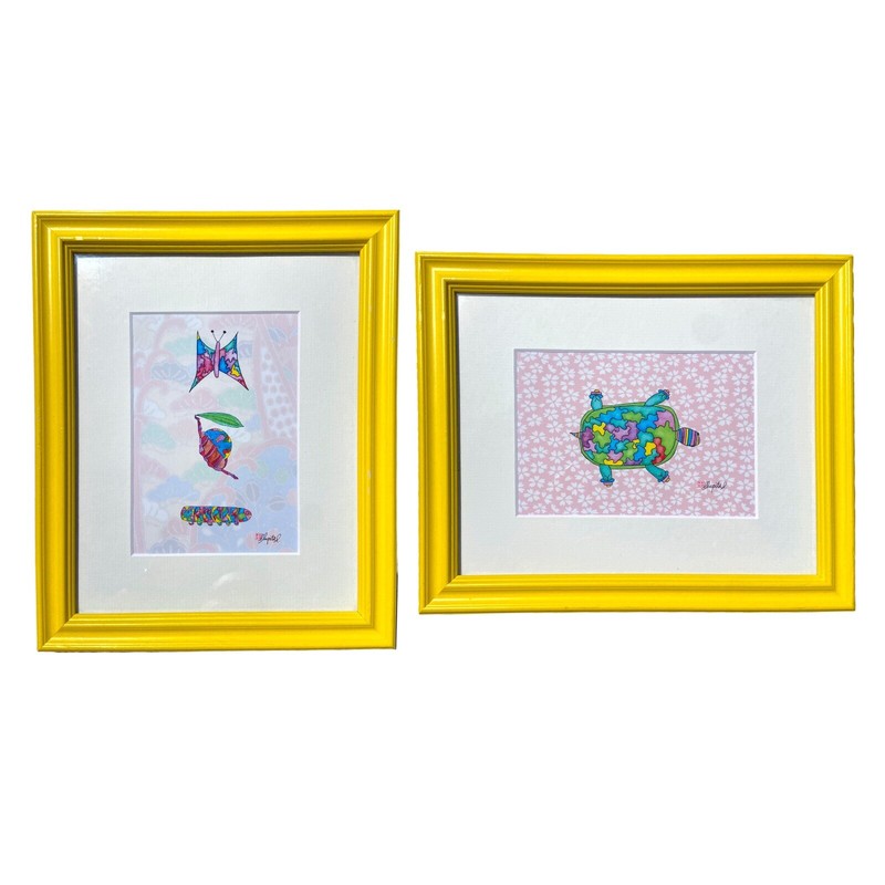 Emily Lupita Studio Framed Art Prints (2) Yellow Multicolored Turtle / Butterfly