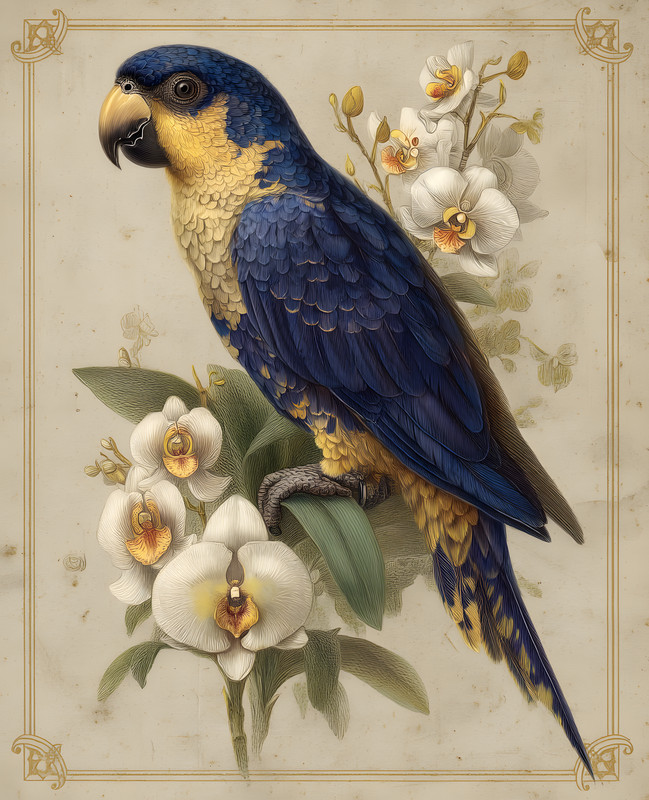 8×10 Blue Parrot White Orchids Art Print – 865869070
