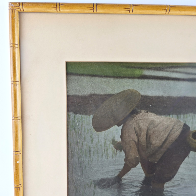 Vintage Asian Rice Picker Art Print Wood Frame Faux Bamboo Signed 12x14 gallery