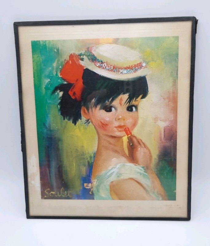 Kitsch 60s Print Big Eye Girl Soulet Lipstick Hat Vintage Wall 9″ Tape Frame