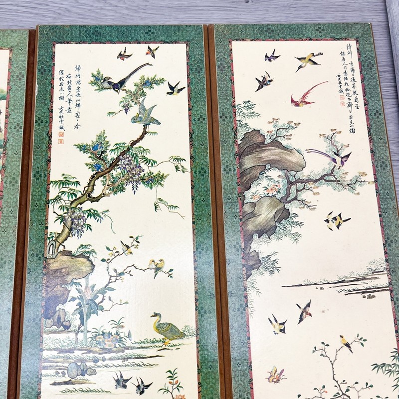 4 Large Mid Century Wood Panels Asian Birds Prints Evangeline Paint 1963 15 x 5" gallery
