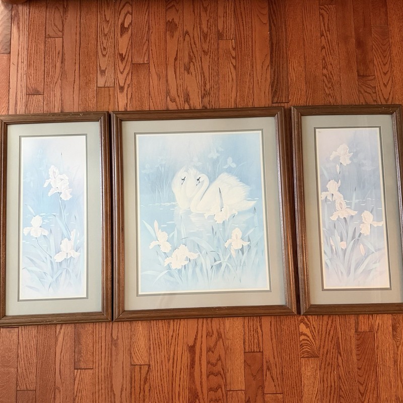 VTG 3 Pc Swans Water Lilly Iris Muted Wood Framed Prints Cottagecore Wall Art