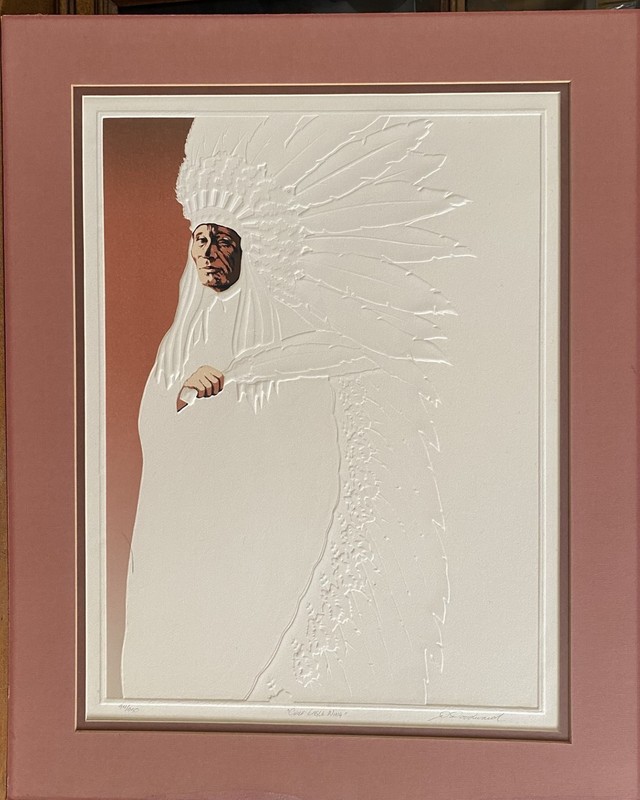 "CHIEF EAGLE WING" EMBOSSED ENGRAVING LITHOGRAPH, SIGNED & NUMBERED