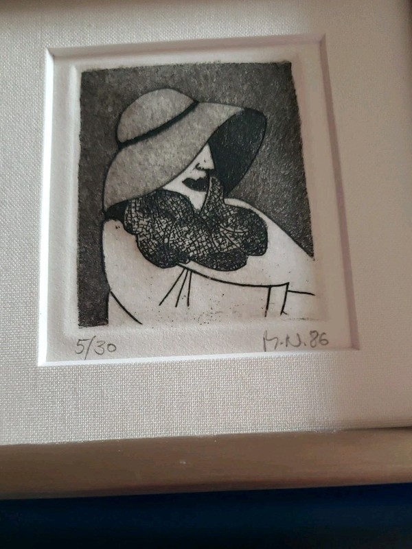 A Small 6 ×6 Framed Etching Lithograph 5/30 Signed Art Print Woman In A Big Hat gallery