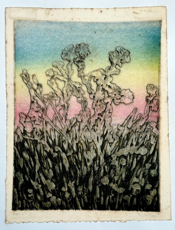 VINTAGE PAMELA ROSS HAND SIGNED COLOR ETCHING LITHOGRAPH GARDEN FLOWERS FLORAL