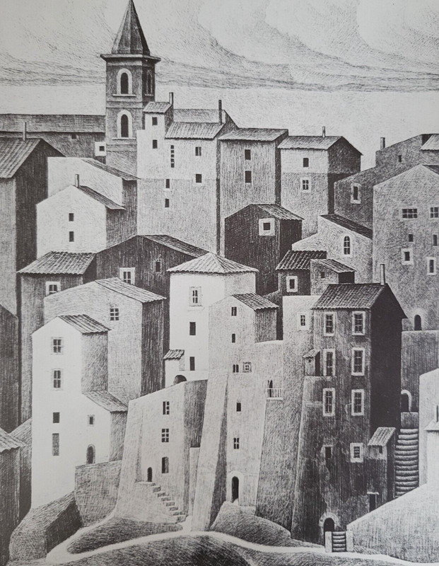 (Italy Period 1929) GENAZZANO ABRUZZI M C Escher surrealism Cityscape 11×7 Print