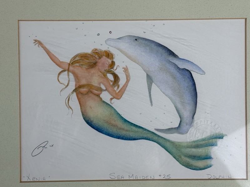 Robert Kline Art Sea Maiden Mermaid Xenia #25 W/ Dolphin Stamped Signed Framed gallery