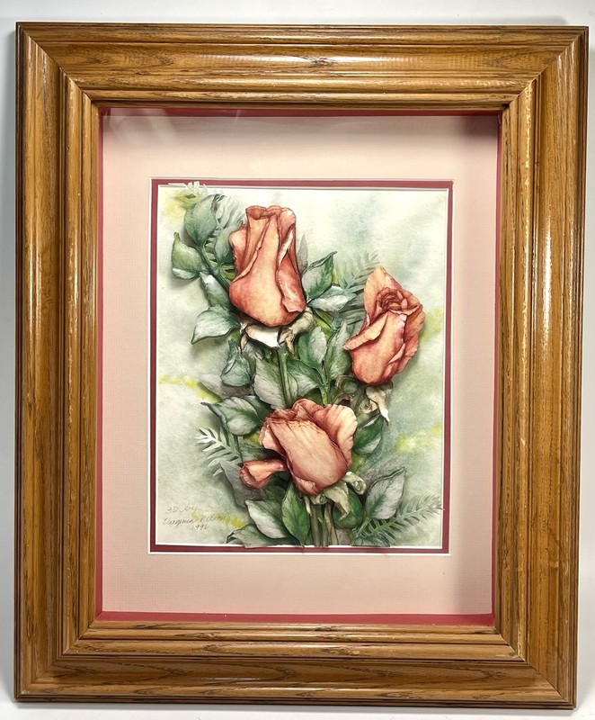 Vintage 1996 Virginia Nelson 3D Paper Tole Art Framed Pink Roses Floral 15×18″