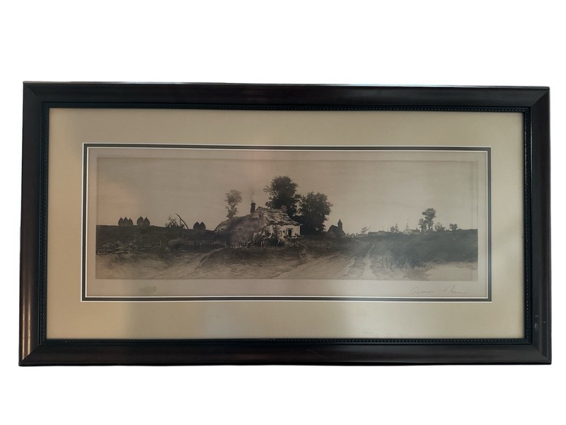 Antique 1890 Ernest Christian Rost Etching Cottage Farm Signed & Framed 31 X 17”