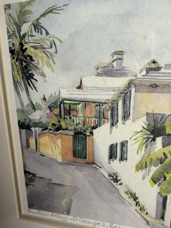Vintage Printer’s Alley St George Bermuda Caribbean Watercolor Signed C. Holding gallery
