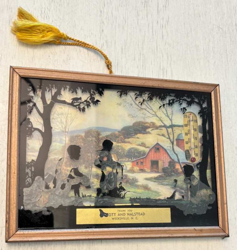 Vintage, Farm Barn, Silhouette Reverse Painting Framed Ad. Print, Thermometer