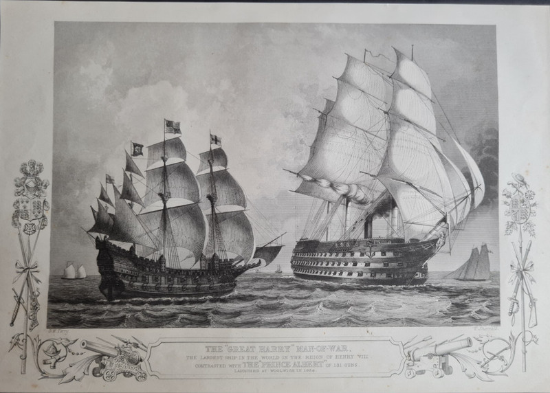 Antique (c. 1860) print – Great Harry Man-of-War & Prince Albert – Royal Navy