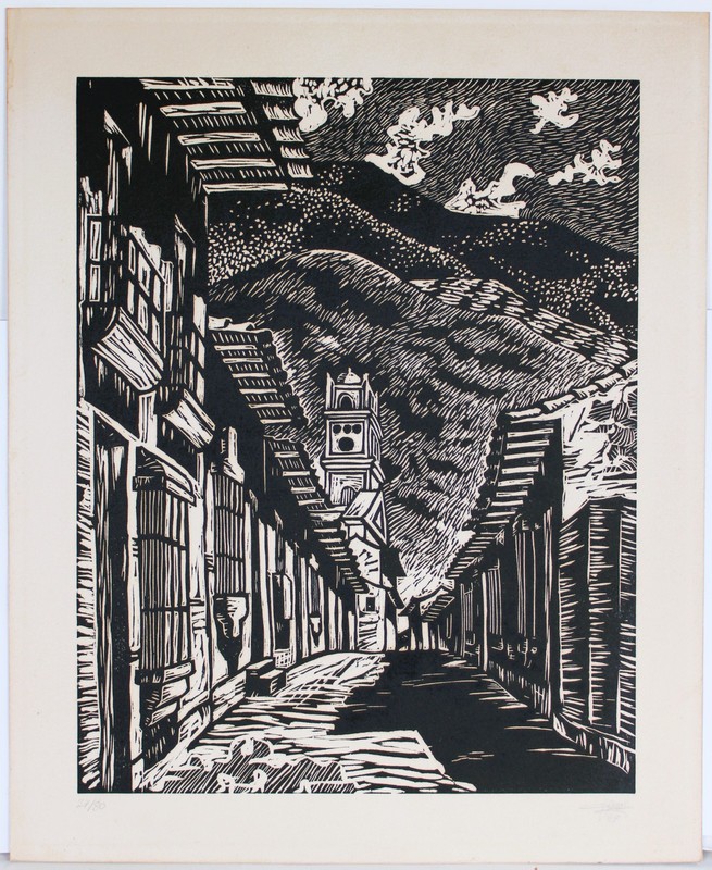 VINTAGE WOODCUT PRINT ON CARDBOARD 1987 SIGNED NUMBERED COLONIAL TOWN STREET