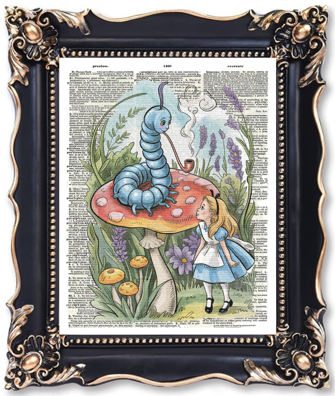 SIGNED Alice In Wonderland Caterpillar Dictionary Page Art Print Book Wall Decor