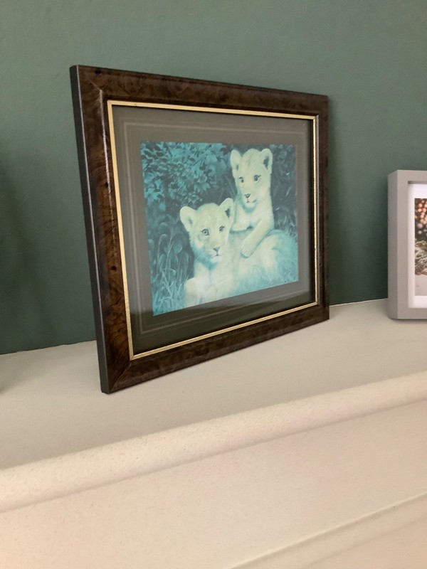 Vintage Dufex Foil Art Print ‘Lion Cubs’ Metallic Framed 11.5” x 9.5”