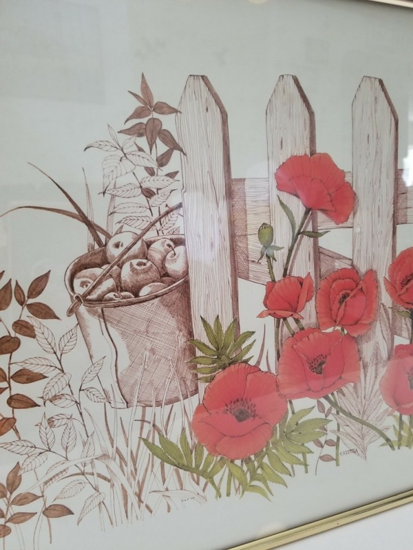 VTG Frank Massa Red Poppies Apples Cottage Core Yard Painting Print Signed gallery
