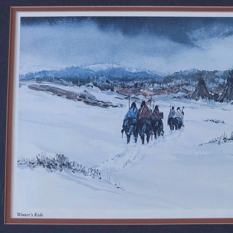 Ed Posa "Winter’s Ride" Framed Native American Art Print Signed 24" x 15.5" gallery