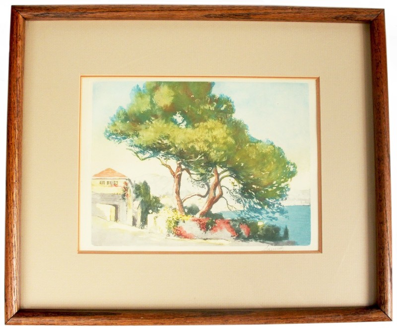 Antique Signed Color Etching Print Mediterranean Landscape Ocean House Trees Old